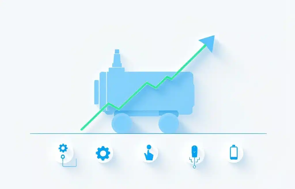Teollisen koneen sininen siluetti valkoisella taustalla, vihreä laskeva kustannuskäyrä, huoltotyökalukuvakkeet ja diagnostiikka-anturi kuvastavat ennakoivaa kunnossapitoa.