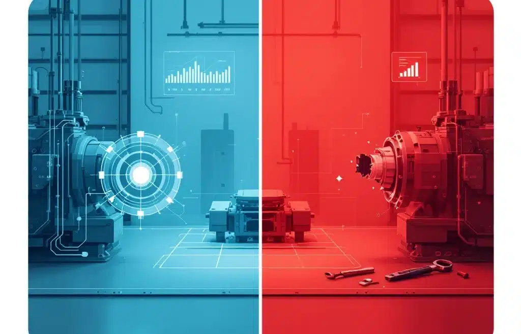 Teollisuushuollon kaksi lähestymistapaa: ennakoiva konevalvonta datalla (sininen) vastaan reaktiivinen korjaus vian jälkeen (punainen)