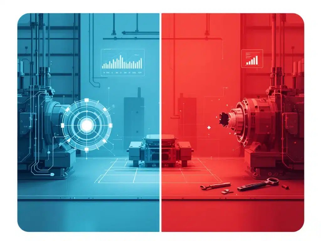 Teollisuushuollon kaksi lähestymistapaa: ennakoiva konevalvonta datalla (sininen) vastaan reaktiivinen korjaus vian jälkeen (punainen)