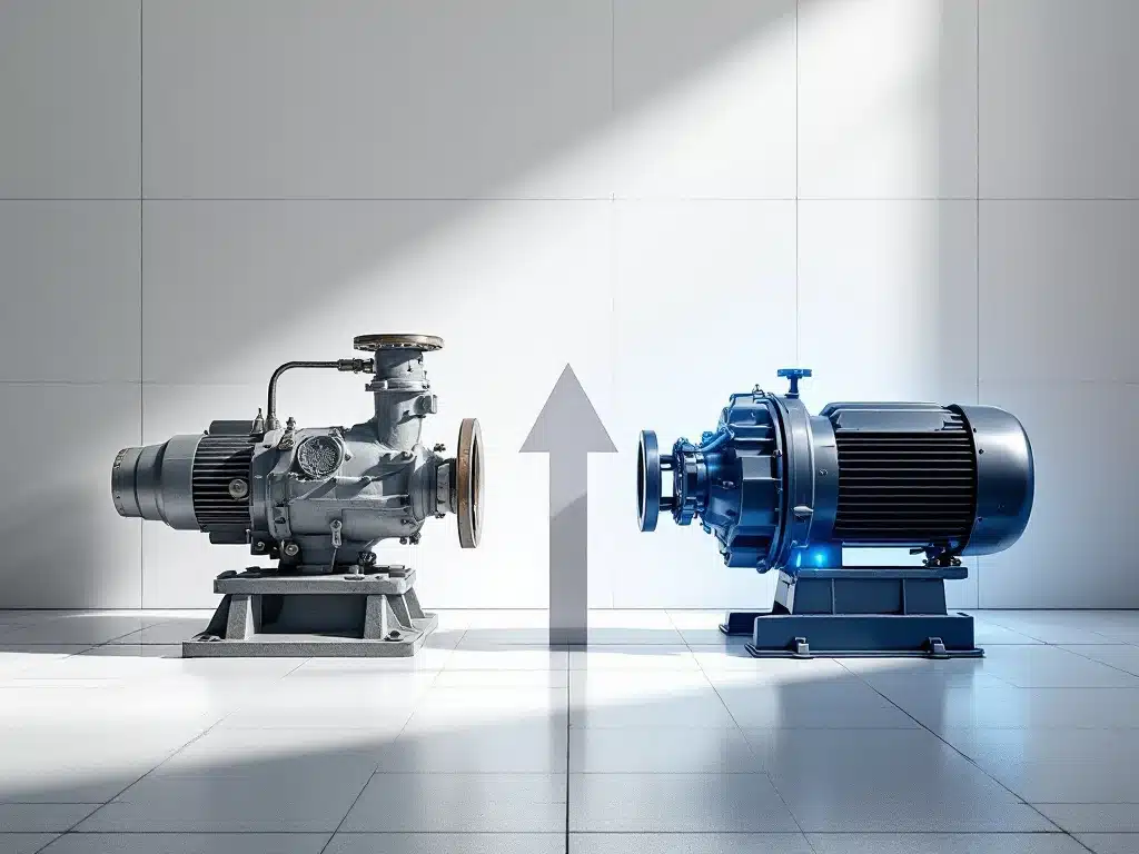 Teollisuuspumpun kehitys: vasemmalla vanha, kulunut harmaa malli; oikealla moderni, sininen versio. Minimalistinen siirtymä korostaa teknologian edistystä.